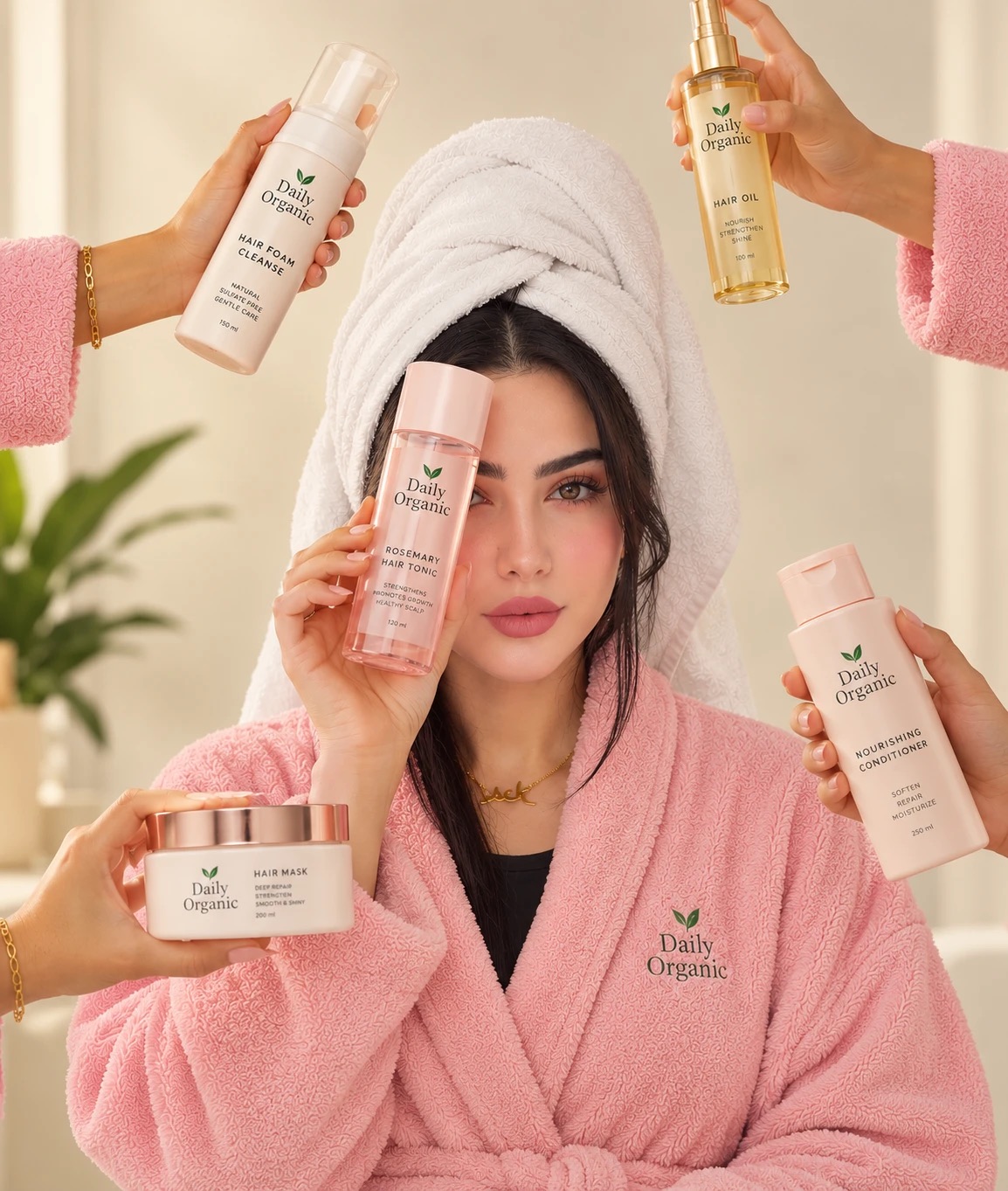 Darya in a pink Daily Organic robe, surrounded by hair care