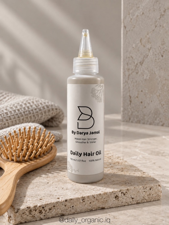 Daily Hair Oil on a stone, next to a wooden brush