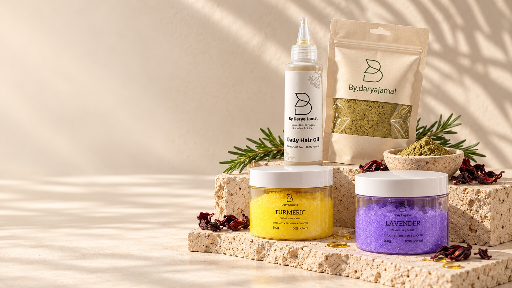 Daily Hair Oil, Daily Henna and the turmeric and lavender sugar scrubs on travertine stone with rosemary and hibiscus